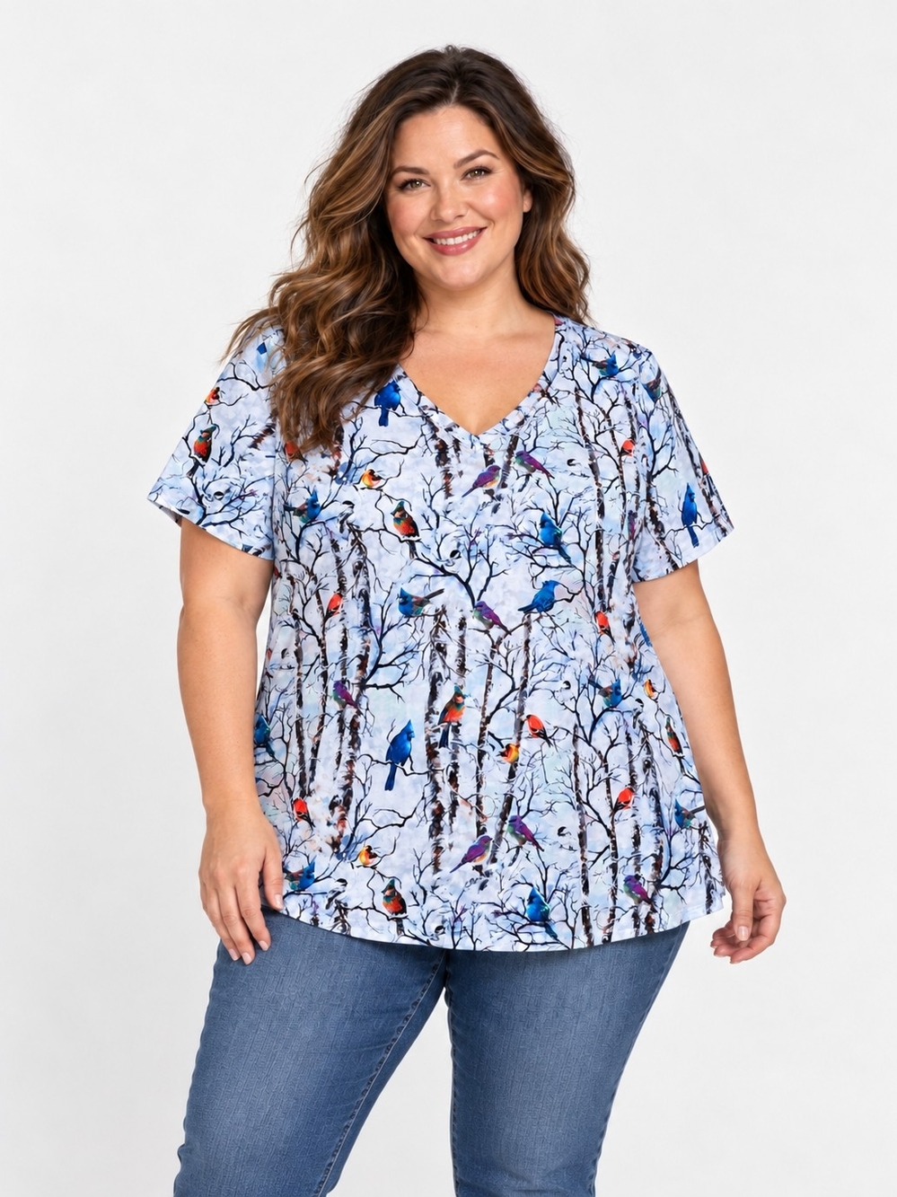 SHEIN BIRD PRINT CARDINAL BLUE JAY TEE SZ 1X